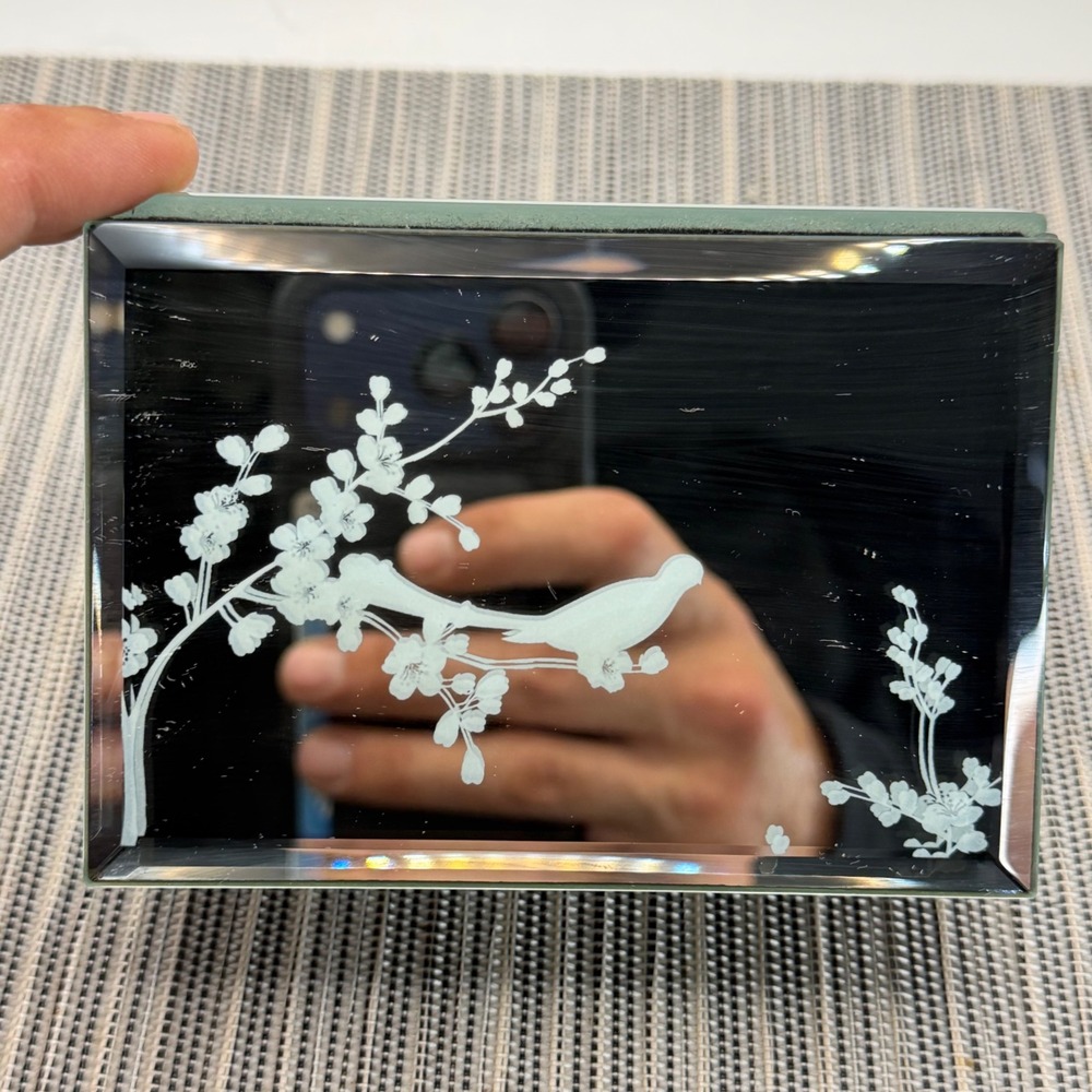 Cynthia Rowley Mirrored Jewelry Box Etched Bird Floral Beveled Glass Trinket Box
